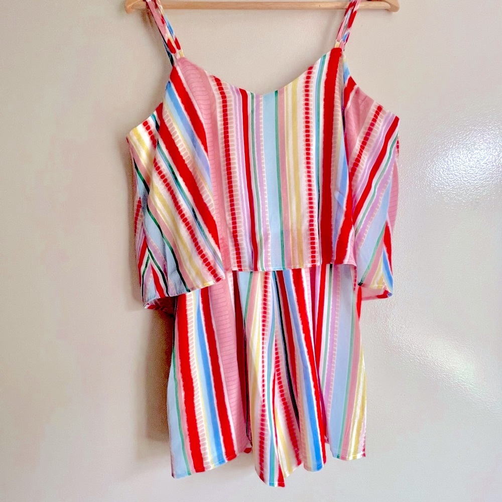 NWT (L) bb dakota candy stripe pink red romper lined double v neck brand new tag